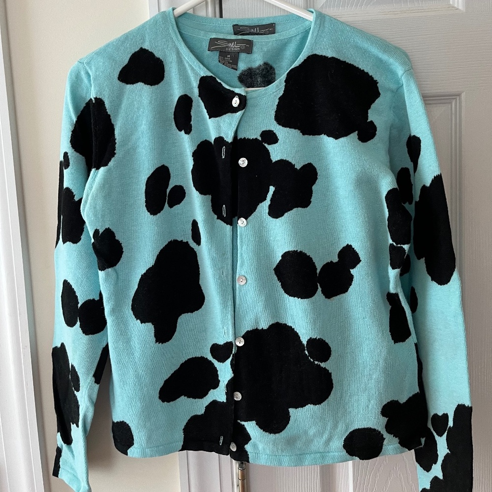 SML Design Cow Print Cardigan Sweater, size Medium